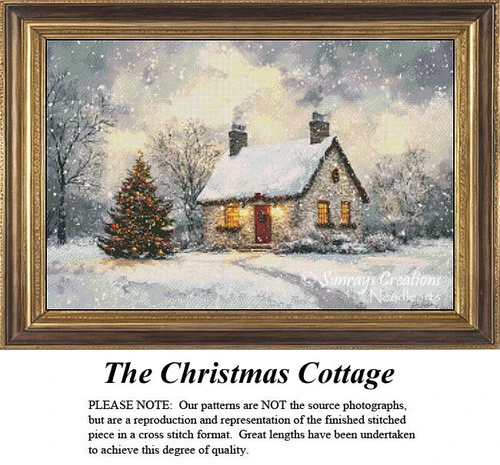 A cozy cottage with a snowy roof and two chimneys sits amid a winter landscape, along with a festive tree, seen in this counted cross stitch chart.