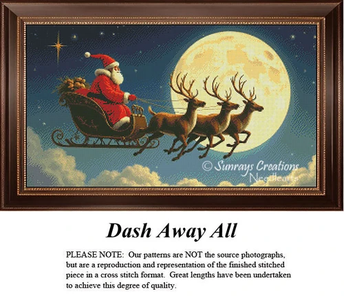 Santa in a red suit rides in a sled pulled by three reindeer across a night sky, full moon above and clouds below, shown as an xstitch chart.