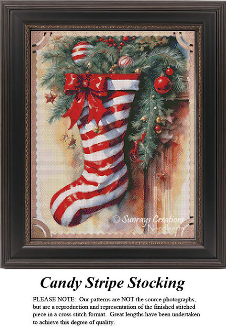 A peppermint stripe stocking adorned with pine clippings and ornaments, ready to fill with goodies, available as a PDF chart for your next project.