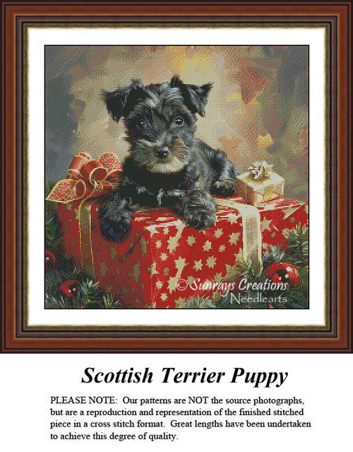 A Scottish Terrier puppy rests on a large red and gold gift, surrounded by smaller presents, in this cross stitch pattern available as a digital file.