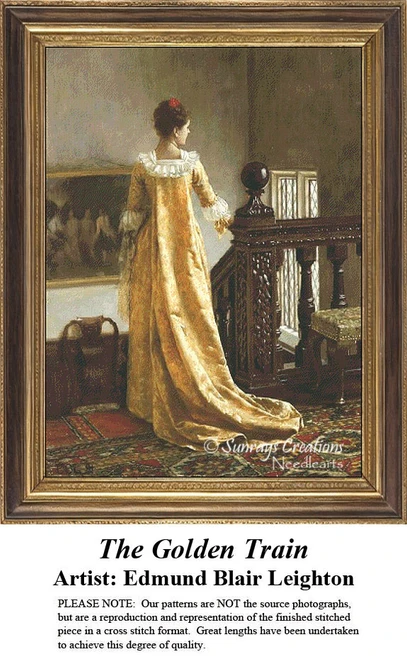 A woman in a golden demask gown stands on a staircase in a grand home, designed as a printable pattern from the work of Edmund Blair Leighton.