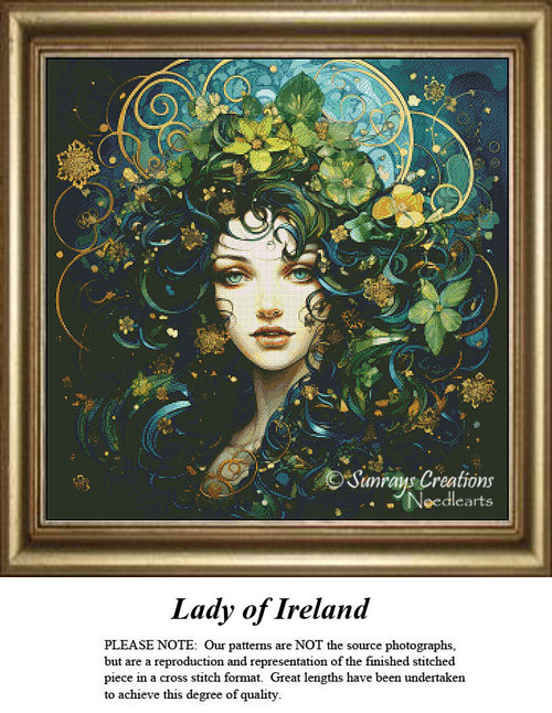 A young Irish woman with a halo of dark green hair surrounded by green and gold flowers, framed by circular swirls, in a BAP cross stitch design.