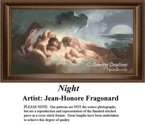 A trio of cherubs peacefully sleep on a cloud, illuminated by a full moon, designed as a cross stitch kit by Jean-Honore Fragonard.