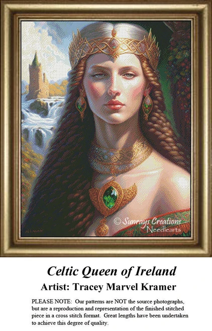 A regal queen with a Celtic crown and emerald jewelry stands against a scenic background, available yours as a counted cross stitch kit.