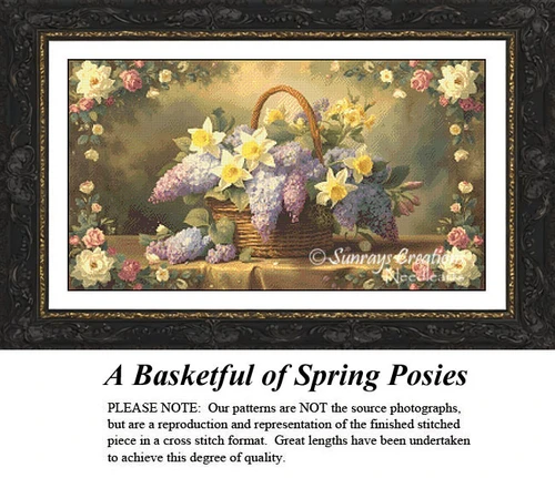 A wicker basket overflows with purple lilacs and bright daffodils, surrounded by climbing roses, available as a counted cross stitch pattern.