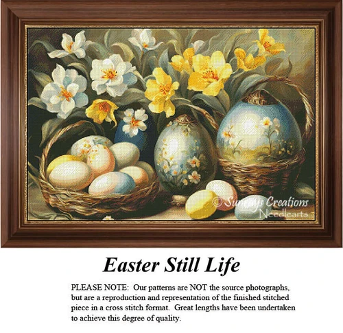 A vibrant xstitch pattern of hand-painted eggs and overflowing baskets among yellow and white flowers, reflecting spring's charm and celebration.