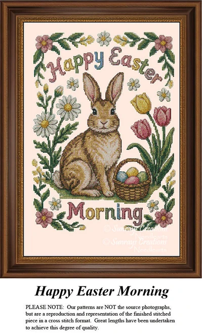 A bright-eyed bunny sits among colorful flowers and a basket of eggs, designed as a counted cross stitch pattern, ready for your next cross stitch.