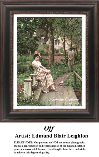 A woman in a floral Regency-style gown sits on a wooden garden bridge, watching a gentleman walking away on a shaded path, by Edmund Blair Leighton;