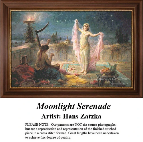 Counted cross stitch chart of Moonlight Serenade by Hans Zatzka, featuring a mystical night scene with a harpist and a veiled dancer under a starry sky; an intricate xstitch pattern capturing romantic Orientalist art.