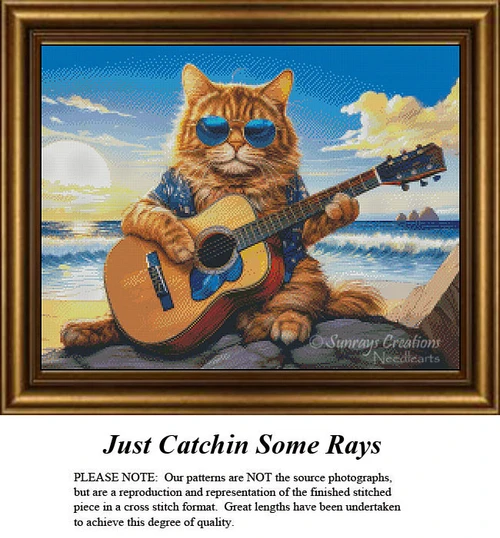 Vibrant counted cross stitch design titled Just Catchin Some Rays, featuring a cool ginger cat in sunglasses and a Hawaiian shirt playing a guitar on a tropical beach at sunset; a fun and colorful animal xstitch pattern.