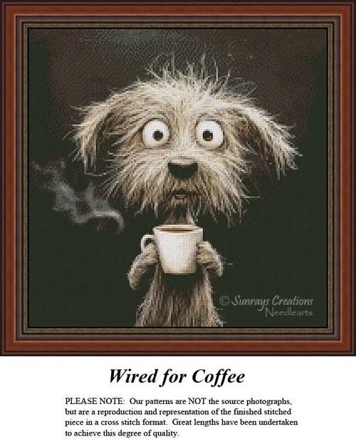 Humorous counted cross stitch design titled Wired for Coffee, featuring a scruffy, wide-eyed dog holding a steaming white mug; a relatable and funny xstitch pattern for coffee lovers and dog enthusiasts alike.