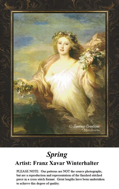 Spring by Franz Xavar Winterhalter - woman in white dress with flowers cross stitch pattern