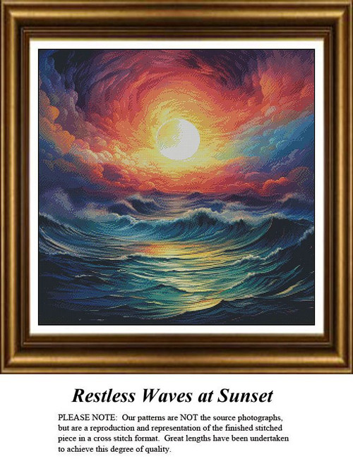Restless Waves at Sunset cross stitch pattern with dramatic ocean waves and golden sunset sky