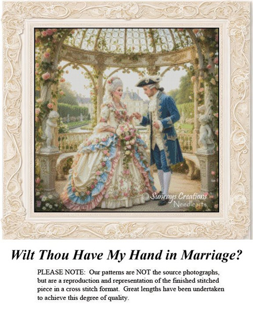 Wilt Thou Have My Hand in Marriage cross stitch pattern showing a Victorian couple in a gazebo surrounded by roses.