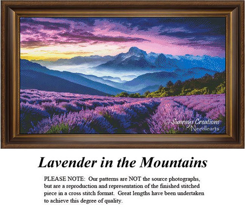 Lavender in the Mountains cross stitch pattern featuring purple flowers, misty mountains and vibrant sunset sky