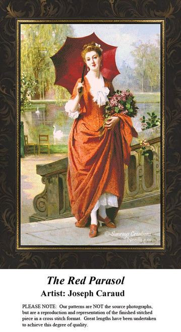 The Red Parasol cross stitch pattern by Joseph Caraud featuring elegant Victorian woman with red parasol in garden