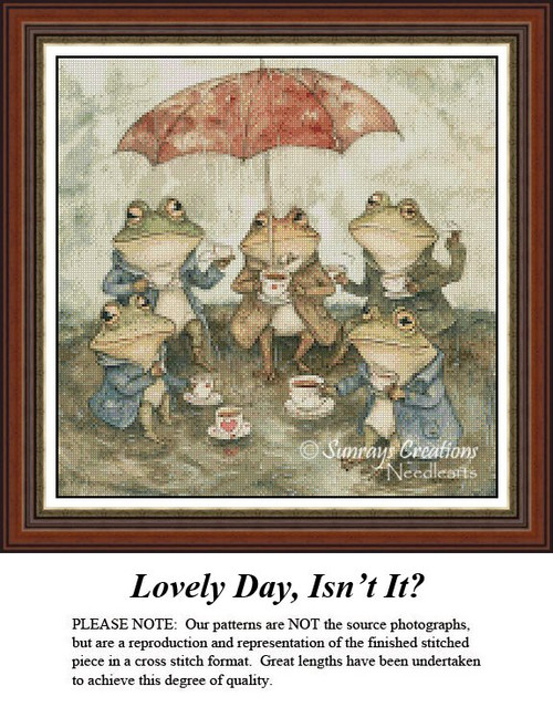 Whimsical frogs sharing tea under red umbrella cross stitch pattern
