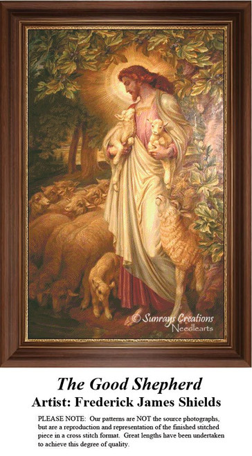 The Good Shepherd by Frederick James Shields cross stitch pattern featuring Jesus with lambs in classical garden setting