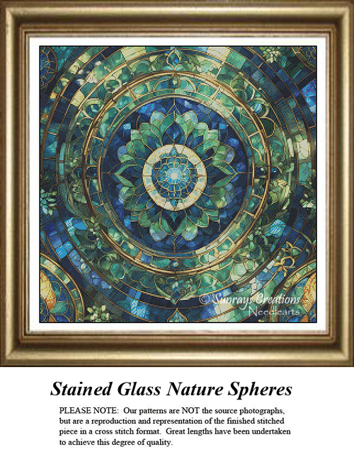 Stained Glass Nature Spheres intricate geometric mandala with blue and green tones cross stitch pattern