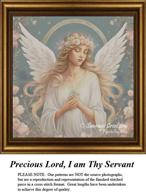 Serene angel with wings and halo in white robe holding hands in prayer, surrounded by flowers and stars, cross stitch pattern