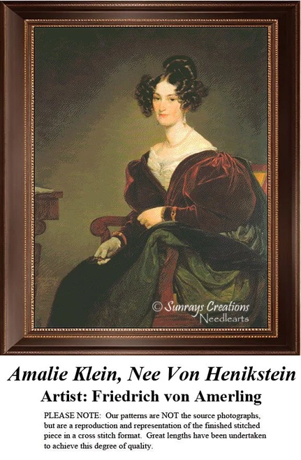 Amalie Klein portrait cross stitch pattern by Friedrich von Amerling, elegant woman in red dress