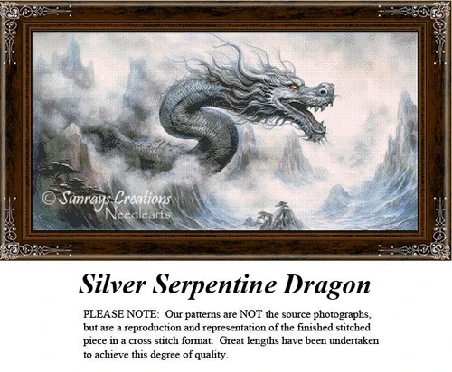 Silver Serpentine Dragon cross stitch pattern featuring an elegant dragon in misty mountains