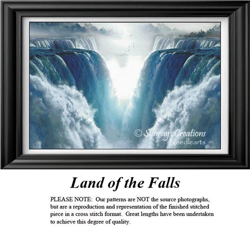 Land of the Falls cross stitch pattern featuring majestic waterfalls with mist and light
