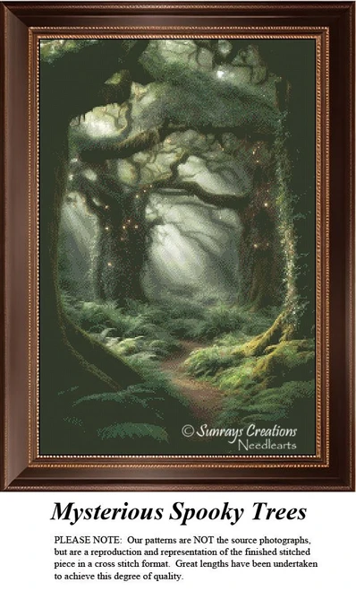 Mysterious Spooky Trees cross stitch pattern showing forest path with gnarled trees and misty woodland atmosphere