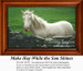 A white horse stands beside a stone fence in a meadow, shown as a counted cross stitch pattern titled Make Hay While the Sun Shines.