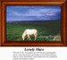 A white mare stands alone in a lush green field under a blue dusk sky, designed as a counted cross stitch chart with vibrant solid colors.