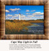 A lighthouse stands tall under blue skies filled with fluffy clouds, surrounded by autumn-colored marshland in this xstitch design.