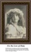 A young girl with blond curls and a daisy wreath looks off into the distance, transformed into a counted cross stitch pattern.