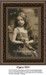 A young girl sits with a shawl wrapped around her belongings, depicted as a counted cross stitch pattern yours as a counted cross stitch kit.