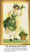 A woman in a green dress waves a handful of clover, offered as a counted cross stitch pattern celebrating St. Patrick's Day.