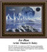 A cosmic winter scene with ice mountains and a blue lake, featuring spaceships and a low moon, as rendered in this xstitch chart by Thomas D. Ruley.