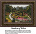 A lush garden scene with trimmed shrubbery and vibrant flowers arranged in curved paths, rendered as a cross stitch design on a decorative background.