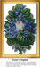 An oval bouquet displays a white rose surrounded by blue flowers and green leaves, offered as a counted cross stitch pattern.