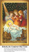 Three angels kneel joyfully around the newborn Jesus in a stable, surrounded by a starry night sky in this counted cross stitch design.