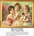 Three young girls joyfully embrace each other in a lush garden, transformed into a counted cross stitch pattern by artist Emile Vernon.