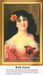 A woman with raven hair and a coral rose in her hair smiles softly, framed as a counted cross stitch chart.