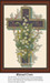 A cross adorned with lily of the valley flowers, composed as a counted cross stitch pattern, symbolizes resurrection and eternal life.