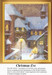 A snowy village scene with people gathered near a lamppost, brought to life as a counted cross stitch pattern.