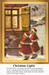 Two young girls in Santa frocks gaze at a Christmas tree glowing through a window, translated into a counted cross stitch design.