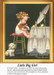 A young girl with curly hair sits on a stool in front of a mirror, holding a powder puff as a small dog watches in this charming cross stitch project.