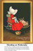 A woman in a red dress sits in a rocking chair mending clothes, captured beautifully as a counted cross stitch pattern yours as a counted cross.