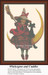 A cheerful witch in a red outfit rides a crescent moon with her black cat, offered as a counted cross stitch pattern.
