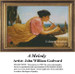 A woman lies on her stomach, playing a flute, surrounded by nature, as depicted in this cross stitch kit by John William Godward.