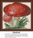 A red polka-dotted toadstool rises above green foliage, composed as a counted cross stitch pattern. Perfect for mushroom lovers!