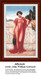 A woman leans against a garden wall in a sheer crimson gown, frozen in time as a counted cross stitch pattern by John William Godward.