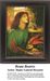 A detailed counted cross-stitch pattern preview of Dante Gabriel Rossetti's masterpiece, "Beata Beatrix." The dreamlike fine art design showcases a half-length portrait of a woman with radiant auburn hair and closed eyes in a state of spiritual ecstasy, with a haloed red bird dropping a poppy flower into her hands against a hazy, atmospheric background featuring distant figures and a historic bridge.